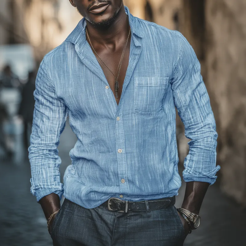 Men's Casual Cotton Blend Striped Lapel Patch Pocket Slim Fit Long Sleeve Shirt MTA0325G2M sold by Manly product image thumbnail 2