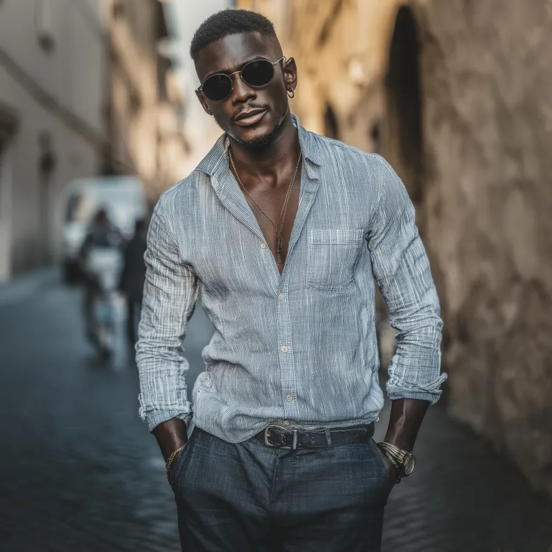 Men's Casual Cotton Blend Striped Lapel Patch Pocket Slim Fit Long Sleeve Shirt MTA0325G2M sold by Manly product image thumbnail 4