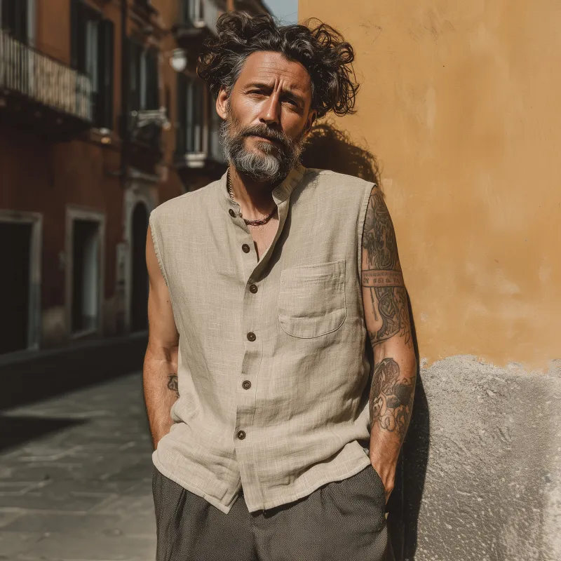 Men's Casual Breathable Linen Stand Collar Patch Pocket Loose Sleeveless Shirt MTA0379G1M sold by Manly product image thumbnail 5