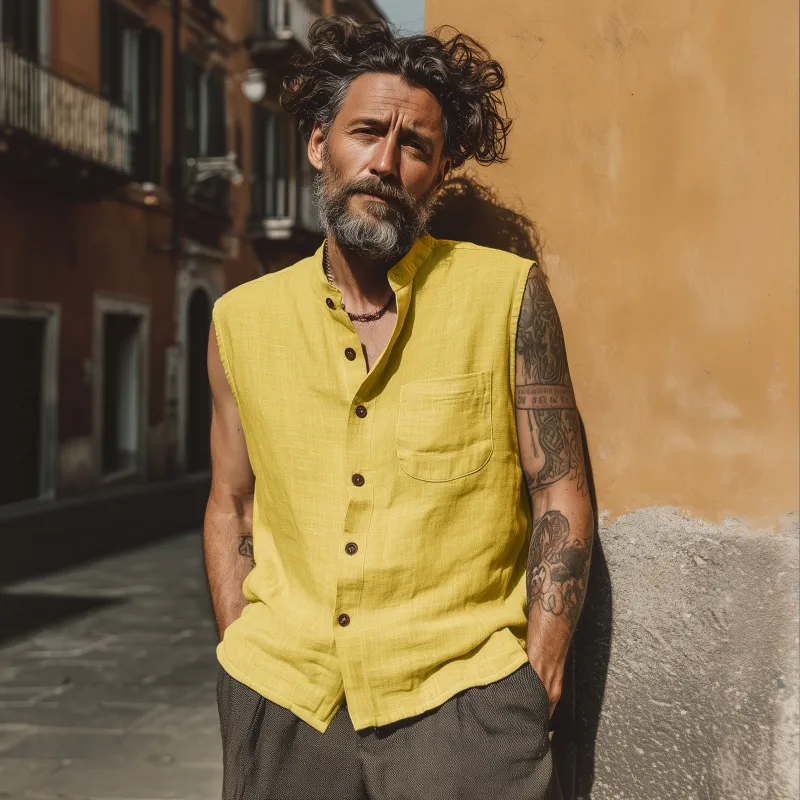 Men's Casual Breathable Linen Stand Collar Patch Pocket Loose Sleeveless Shirt MTA0379G1M sold by Manly product image thumbnail 3