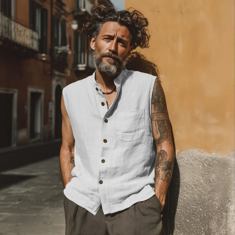 Men's Casual Breathable Linen Stand Collar Patch Pocket Loose Sleeveless Shirt MTA0379G1M sold by Manly product image thumbnail 4