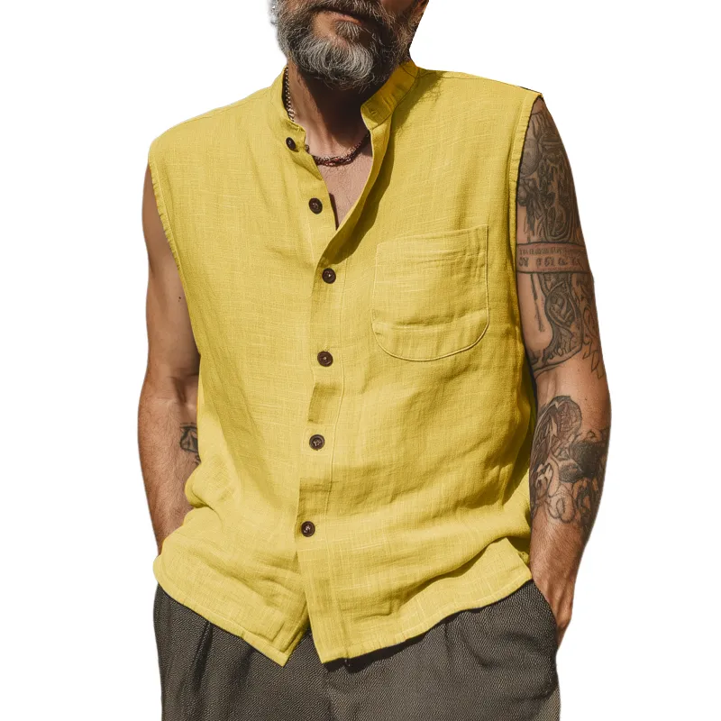 Men's Casual Breathable Linen Stand Collar Patch Pocket Loose Sleeveless Shirt MTA0379G1M sold by Manly