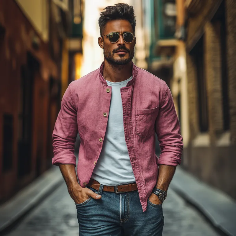 Men's Casual Breathable Cotton Stand Collar Single Breasted Patch Pocket Loose Long Sleeve Shirt MTA0382G4M sold by Manly product image thumbnail 3