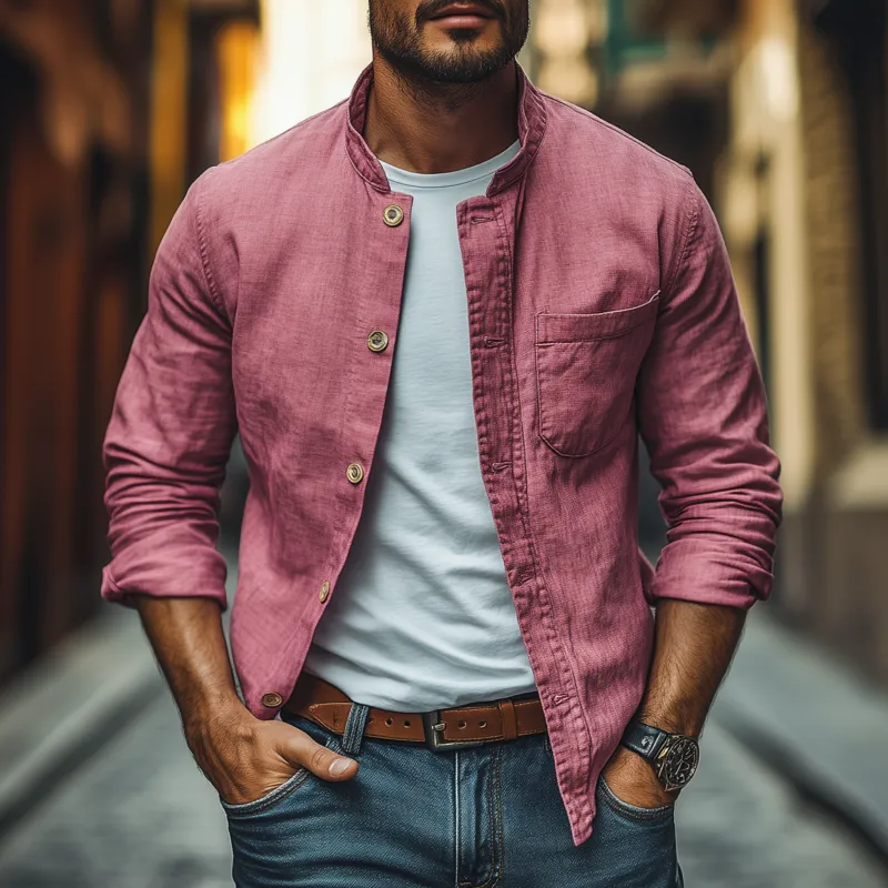 Men's Casual Breathable Cotton Stand Collar Single Breasted Patch Pocket Loose Long Sleeve Shirt MTA0382G4M sold by Manly product image thumbnail 2