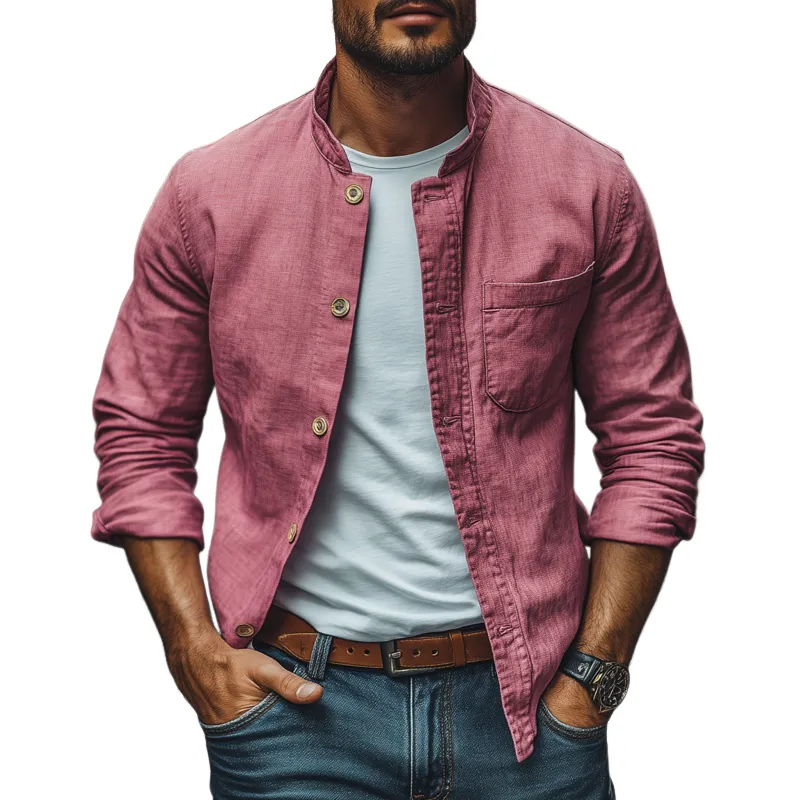 Men's Casual Breathable Cotton Stand Collar Single Breasted Patch Pocket Loose Long Sleeve Shirt MTA0382G4M sold by Manly