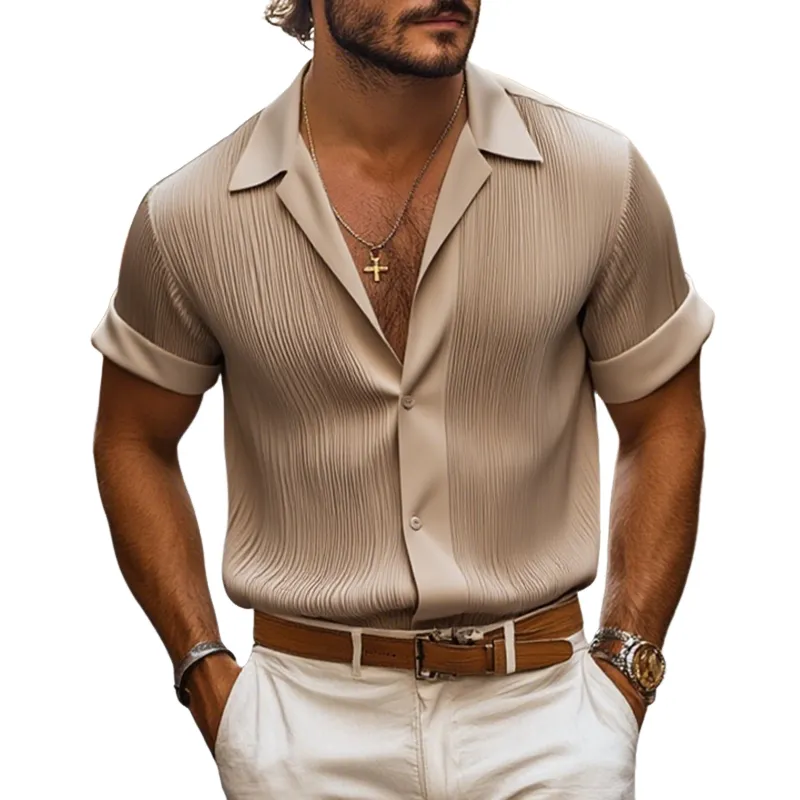 Men's Solid Satin Pleated Lapel Short Sleeve Shirt MTA0317G0Z sold by Manly