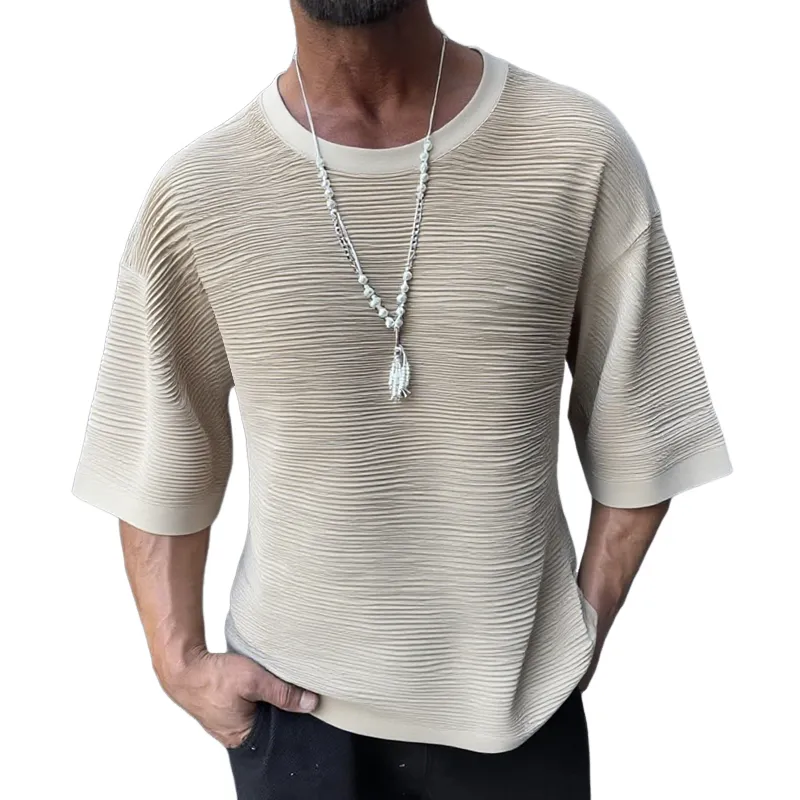 Men's Solid Pleated Textured Round Neck Short Sleeve T-shirt MTA0360G5Z sold by Manly
