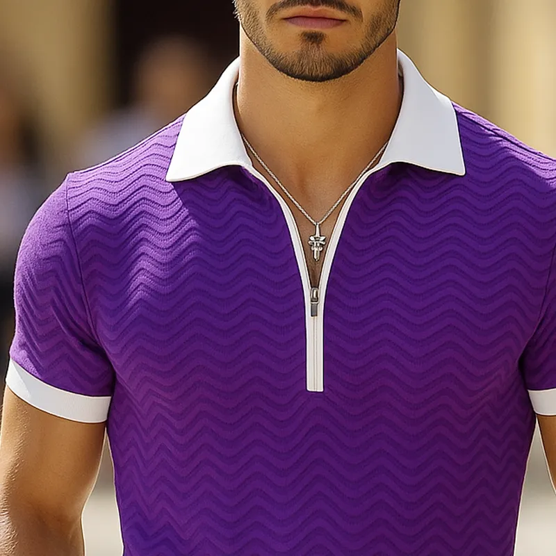 Men's Colorblock Wave Striped Lapel Short Sleeve Polo Shirt MTA0321G6Z sold by Manly product image thumbnail 3