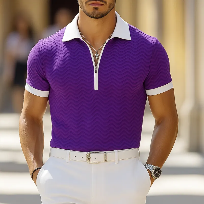 Men's Colorblock Wave Striped Lapel Short Sleeve Polo Shirt MTA0321G6Z sold by Manly product image thumbnail 2
