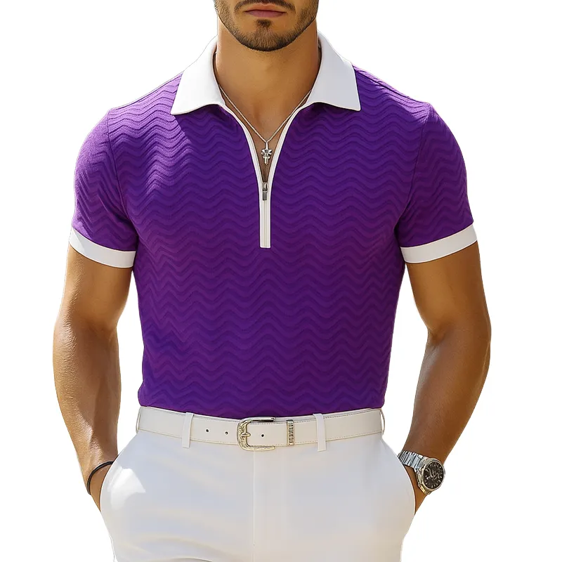 Men's Colorblock Wave Striped Lapel Short Sleeve Polo Shirt MTA0321G6Z sold by Manly