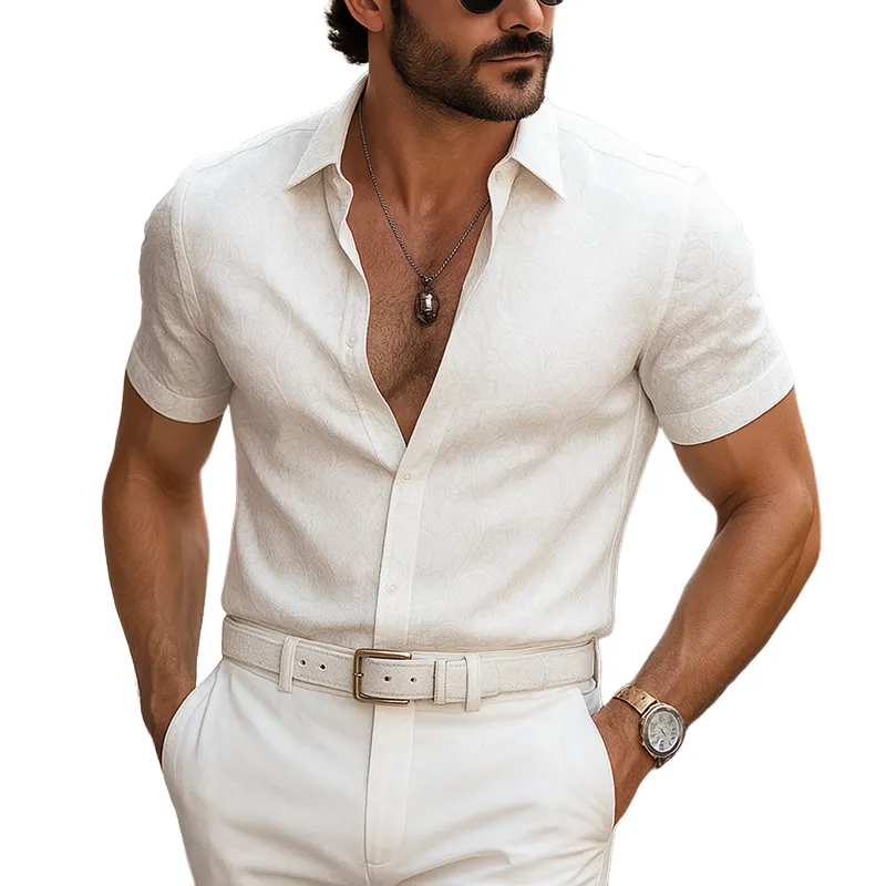 Men's Solid Color Jacquard Lapel Short Sleeve Shirt MTA0368G0Z sold by Manly