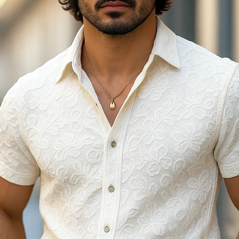 Men's Solid Color Jacquard Lapel Short Sleeve Shirt MTA0379G3Z sold by Manly product image thumbnail 3