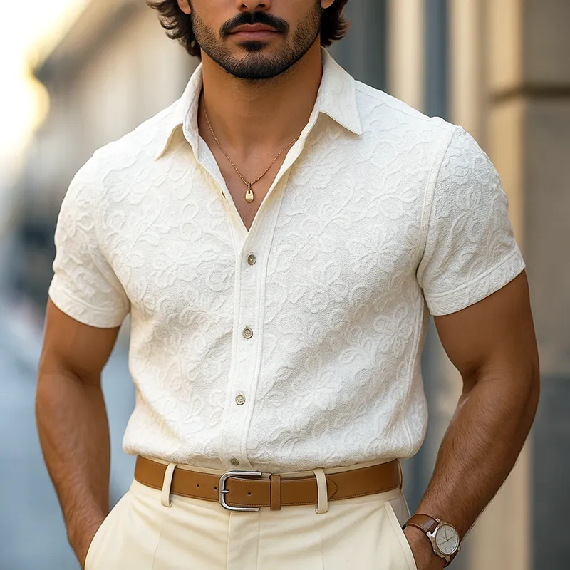 Men's Solid Color Jacquard Lapel Short Sleeve Shirt MTA0379G3Z sold by Manly product image thumbnail 2