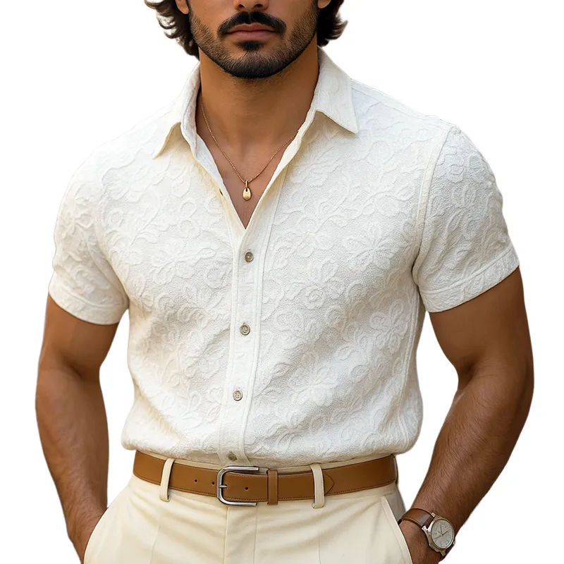 Men's Solid Color Jacquard Lapel Short Sleeve Shirt MTA0379G3Z sold by Manly