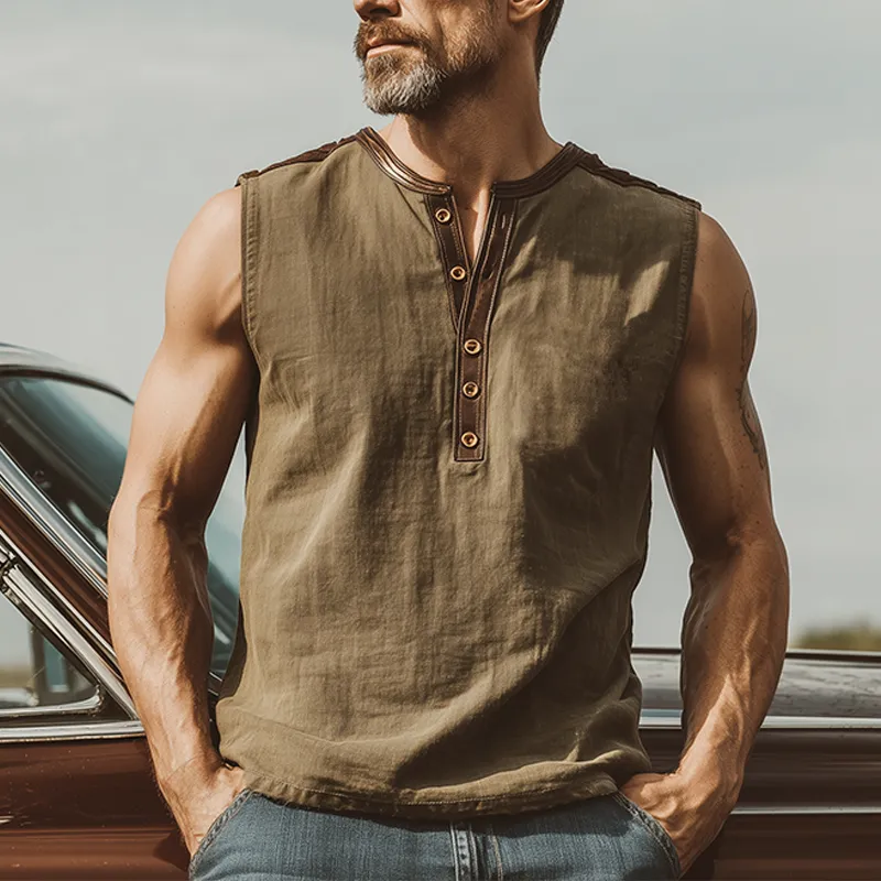 Men's Classic Casual Linen Stitching PU Leather Henley Collar Tank Top MTA0332G4K sold by Manly product image thumbnail 2