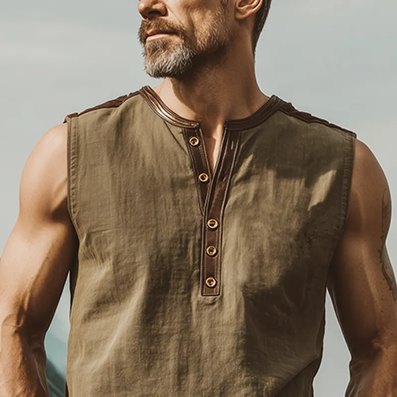 Men's Classic Casual Linen Stitching PU Leather Henley Collar Tank Top MTA0332G4K sold by Manly product image thumbnail 4