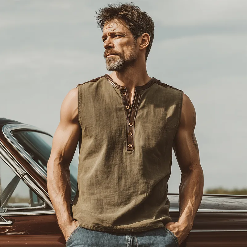 Men's Classic Casual Linen Stitching PU Leather Henley Collar Tank Top MTA0332G4K sold by Manly product image thumbnail 3