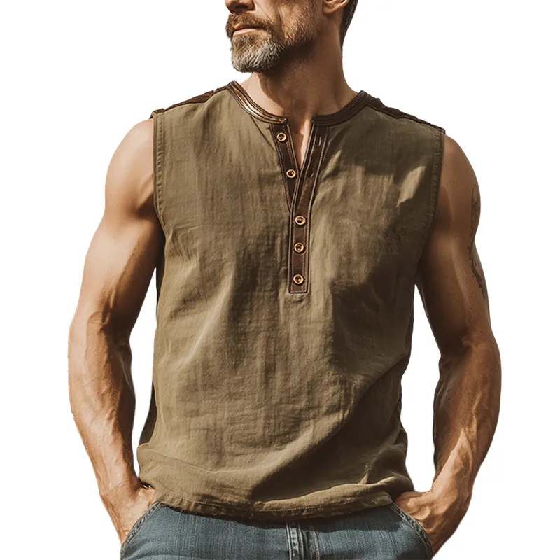 Men's Classic Casual Linen Stitching PU Leather Henley Collar Tank Top MTA0332G4K sold by Manly