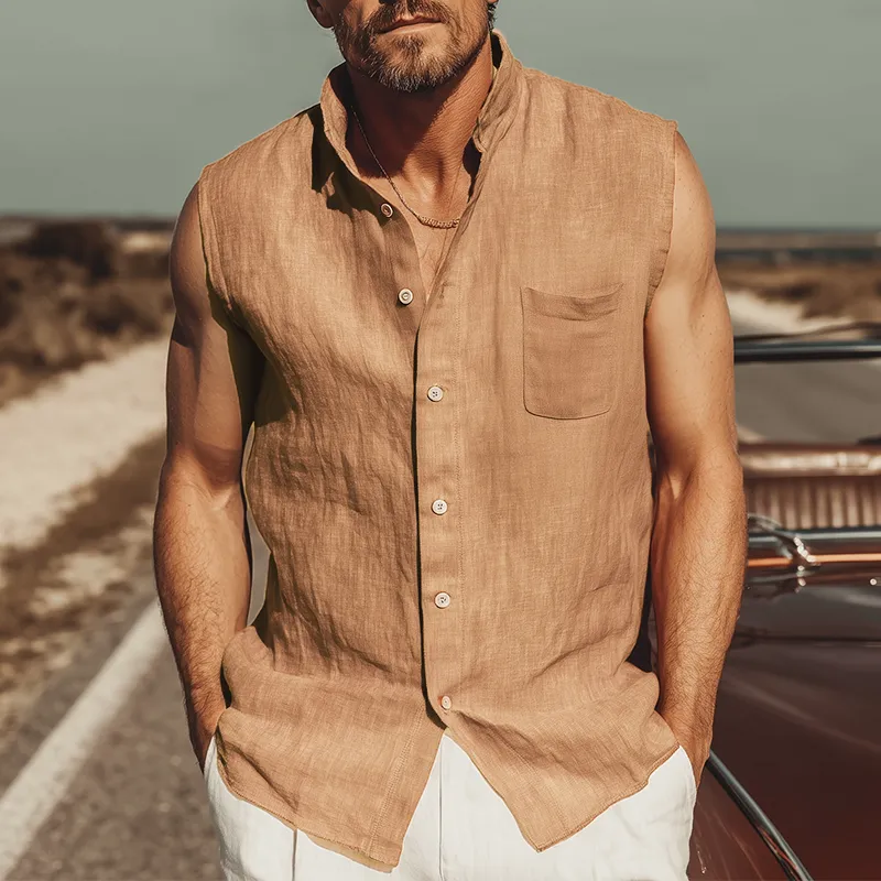 Men's Classic Casual Tencel Cotton Linen Stand Collar Sleeveless Shirt MTA0332G9K sold by Manly product image thumbnail 5