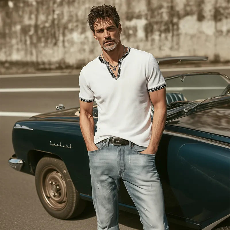 Men's Classic Casual V-neck Slim Fit Waffle Embroidery Short Sleeve T-shirt MTA0371G6K sold by Manly product image thumbnail 5