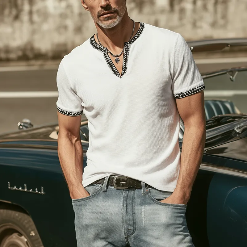 Men's Classic Casual V-neck Slim Fit Waffle Embroidery Short Sleeve T-shirt MTA0371G6K sold by Manly product image thumbnail 2