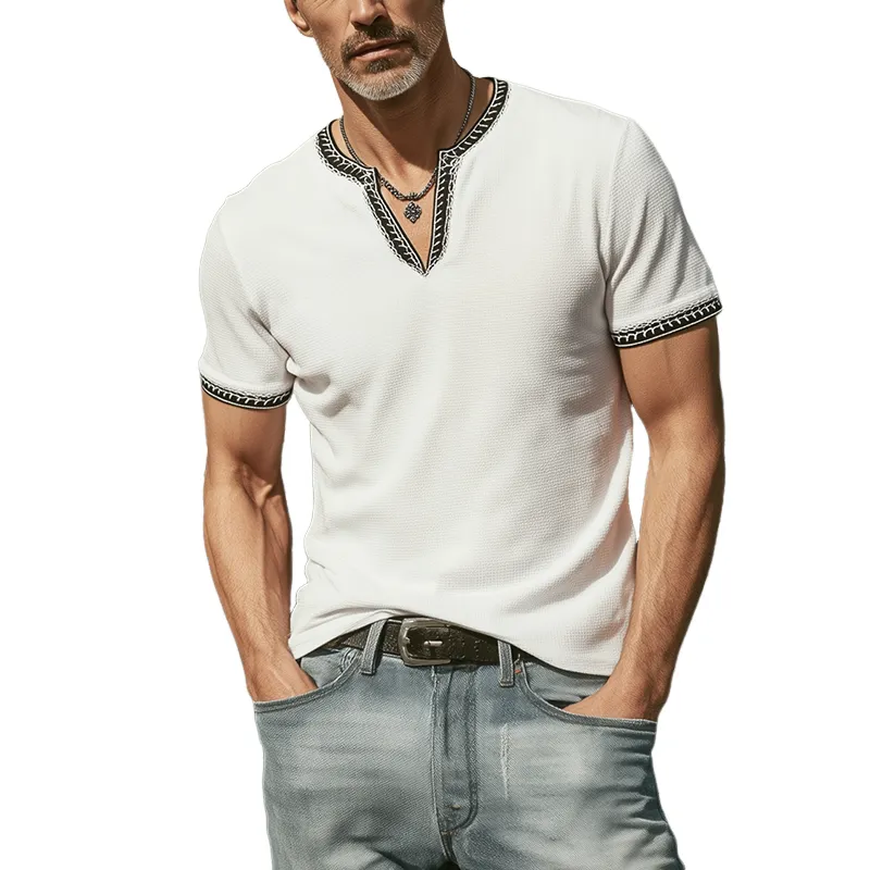 Men's Classic Casual V-neck Slim Fit Waffle Embroidery Short Sleeve T-shirt MTA0371G6K sold by Manly