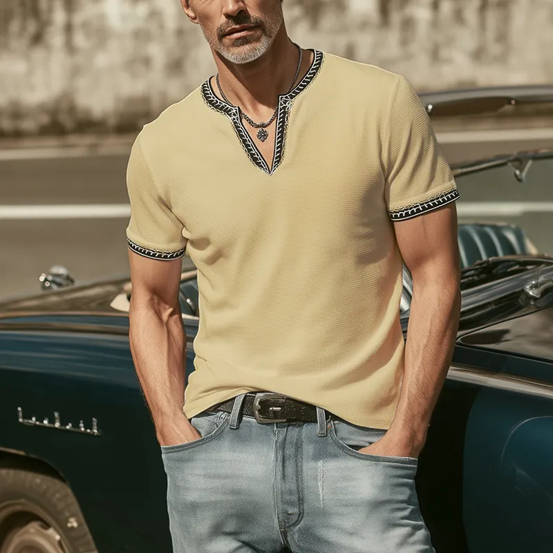 Men's Classic Casual V-neck Slim Fit Waffle Embroidery Short Sleeve T-shirt MTA0371G6K sold by Manly product image thumbnail 3