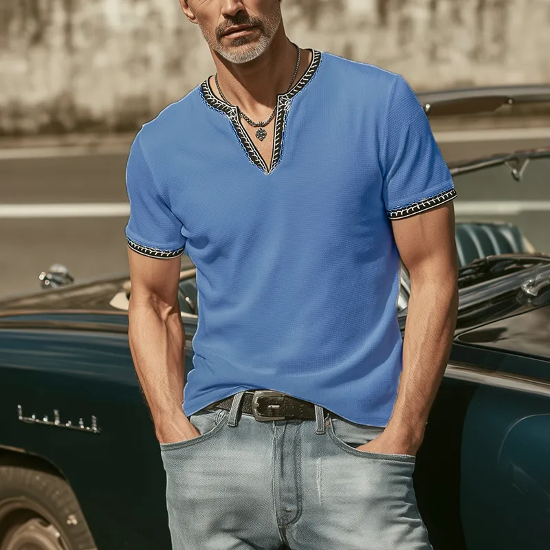 Men's Classic Casual V-neck Slim Fit Waffle Embroidery Short Sleeve T-shirt MTA0371G6K sold by Manly product image thumbnail 4