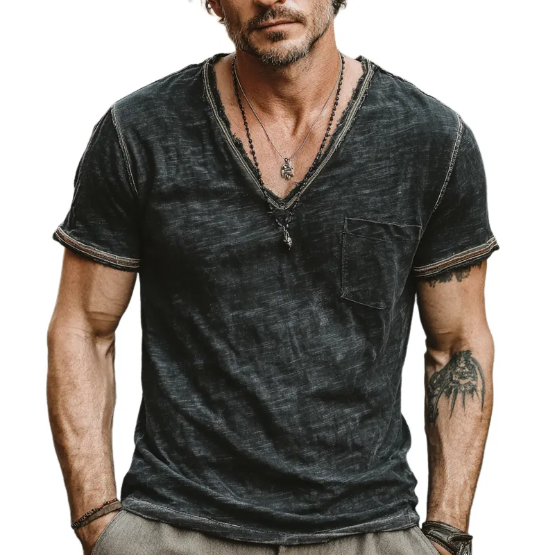 Men's Cotton Blended Solid Color V-Neck Short Sleeve T-Shirt MTA0316G9X sold by Manly