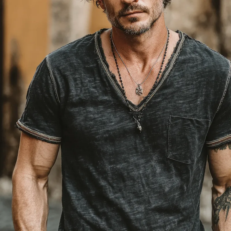 Men's Cotton Blended Solid Color V-Neck Short Sleeve T-Shirt MTA0316G9X sold by Manly product image thumbnail 3