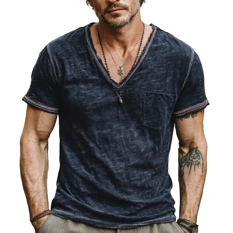 Men's Cotton Blended Solid Color V-Neck Short Sleeve T-Shirt MTA0316G9X sold by Manly product image thumbnail 2