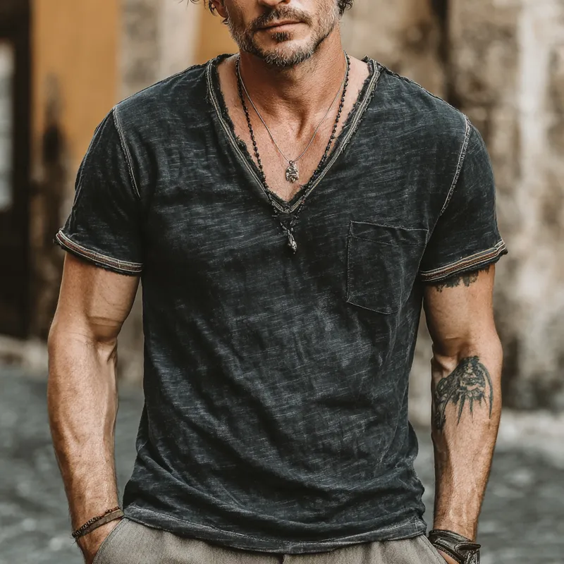 Men's Cotton Blended Solid Color V-Neck Short Sleeve T-Shirt MTA0316G9X sold by Manly product image thumbnail 4