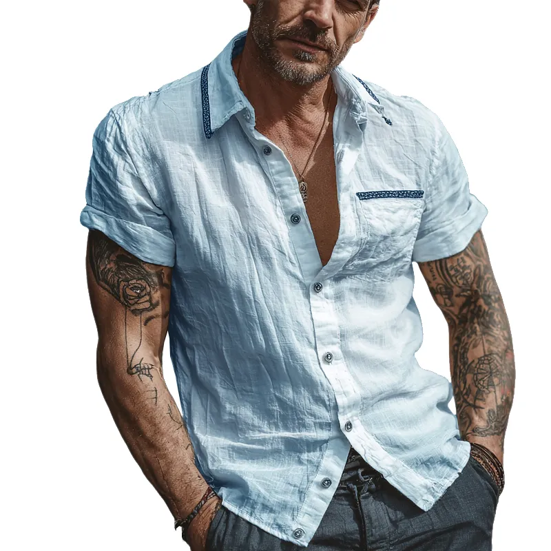 Men's Cotton And Linen Casual Short-Sleeved Lapel Shirt MTA0358G6X sold by Manly