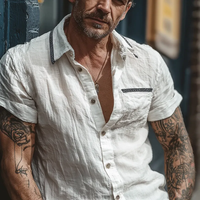 Men's Cotton And Linen Casual Short-Sleeved Lapel Shirt MTA0358G6X sold by Manly product image thumbnail 4