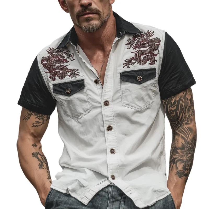 Men's Contrast Dragon Print Short Sleeve Shirt MTA0391G7X sold by Manly