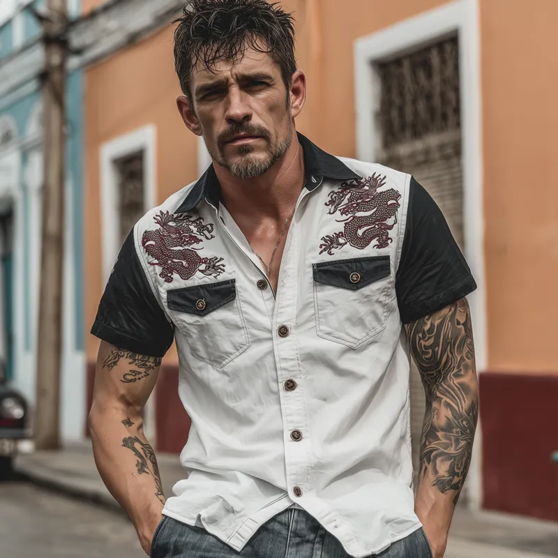 Men's Contrast Dragon Print Short Sleeve Shirt MTA0391G7X sold by Manly product image thumbnail 4