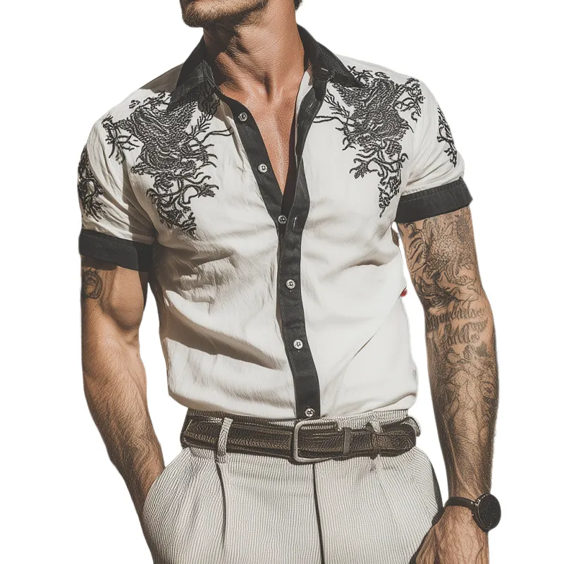 Men's Dragon Print Short Sleeve Lapel Shirt MTA0374G7X sold by Manly