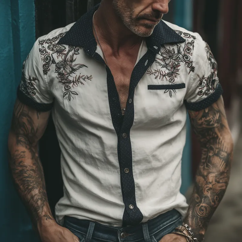 Men's Contrast Floral Embroidered Short-Sleeved Shirt MTA0385G1X sold by Manly product image thumbnail 2