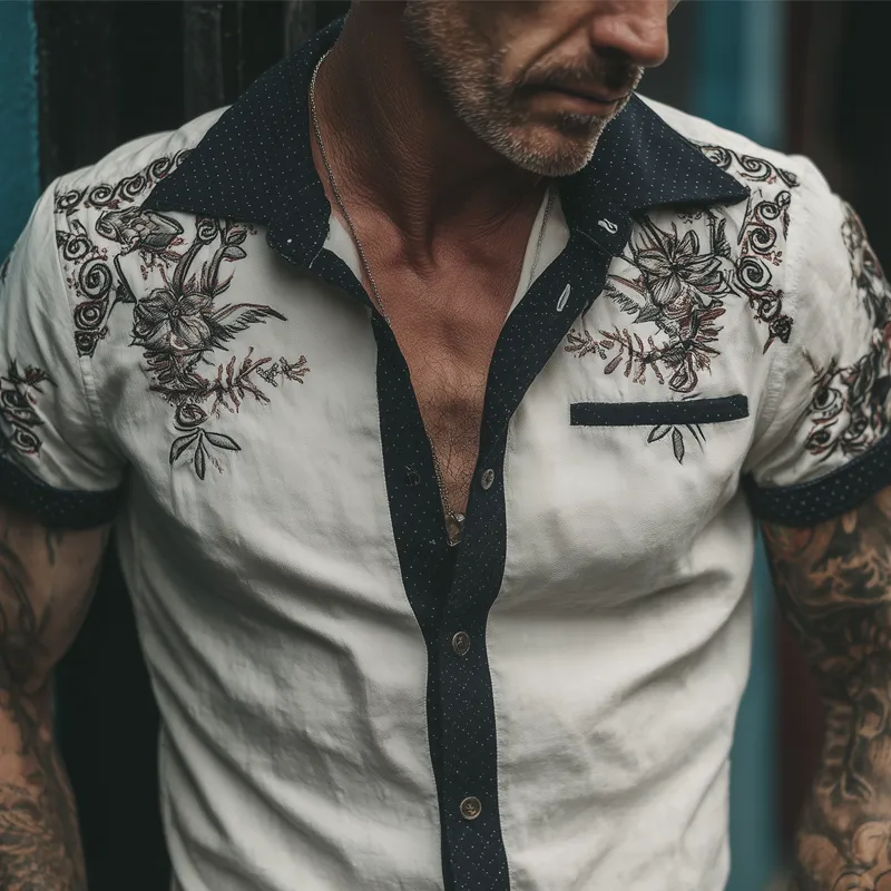 Men's Contrast Floral Embroidered Short-Sleeved Shirt MTA0385G1X sold by Manly product image thumbnail 4