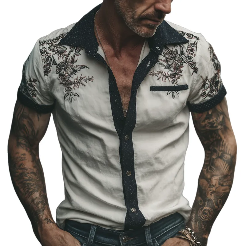 Men's Contrast Floral Embroidered Short-Sleeved Shirt MTA0385G1X sold by Manly