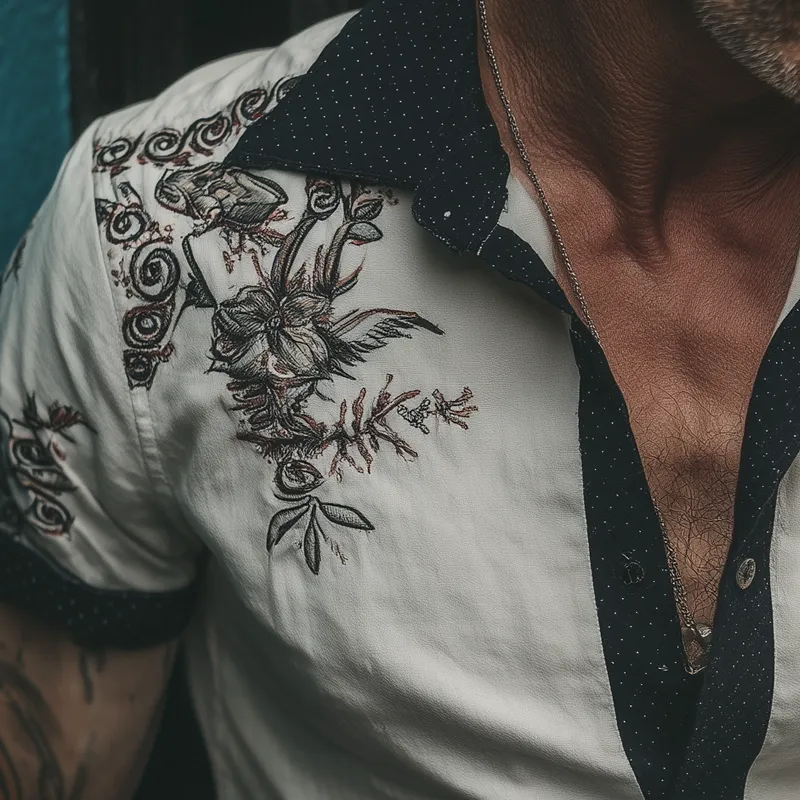 Men's Contrast Floral Embroidered Short-Sleeved Shirt MTA0385G1X sold by Manly product image thumbnail 3