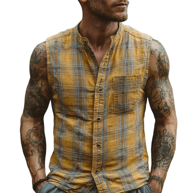 Men's Check Print Stand Collar Sleeveless Shirt MTA0383G3X sold by Manly