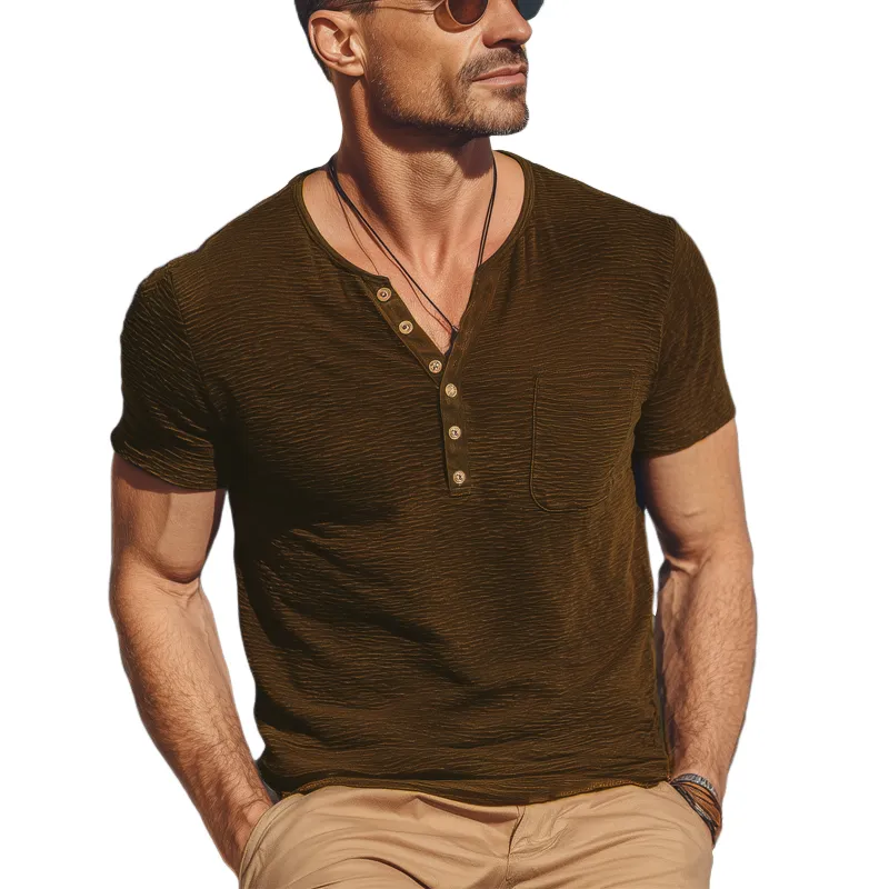 Men's Summer Classic Henley Collar Pleated Texture Solid Color T-shirt MTA0343G1U sold by Manly