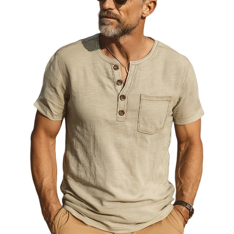 Men's Summer Classic Henley Collar Cotton Short Sleeve T-Shirt MTA0368G6U sold by Manly