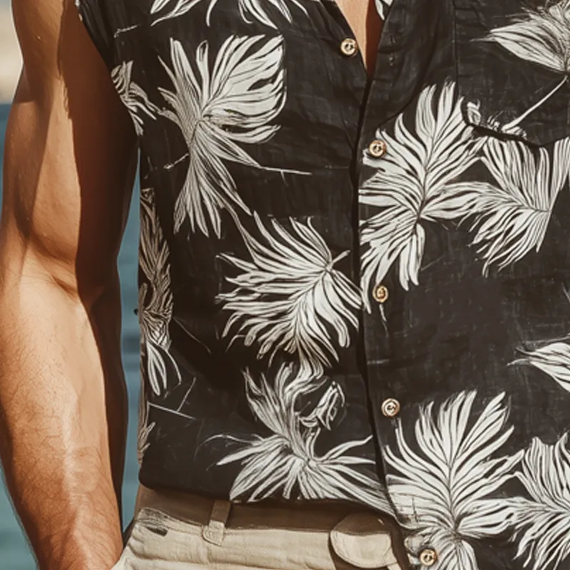Men's Summer Classic Leaf Print Lapel Sleeveless Shirt MTA0334G2U sold by Manly product image thumbnail 3