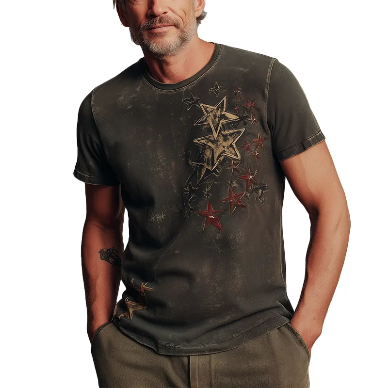 Men's Summer Fashion Star Print Distressed Cotton Blend Short-Sleeved T-Shirt MTA0386G1P sold by Manly