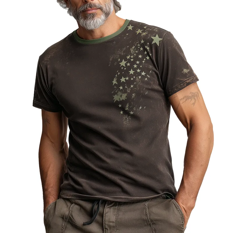 Men's Summer Fashion Star Print Distressed Cotton Blend Short-Sleeved T-Shirt MTA0385G0P sold by Manly