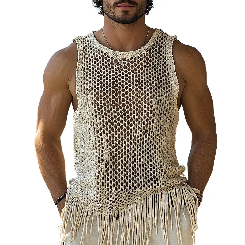 Men's Hollow Out Knit Round Neck Sleeveless Tassel Tank Top MTA0211G1Z sold by Manly