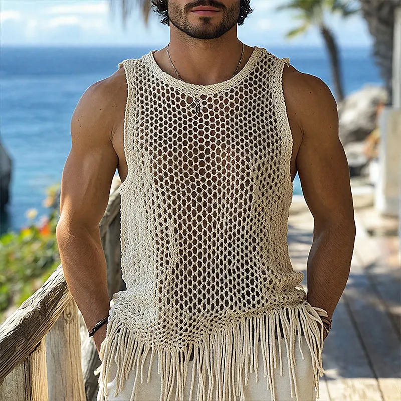 Men's Hollow Out Knit Round Neck Sleeveless Tassel Tank Top MTA0211G1Z sold by Manly product image thumbnail 2