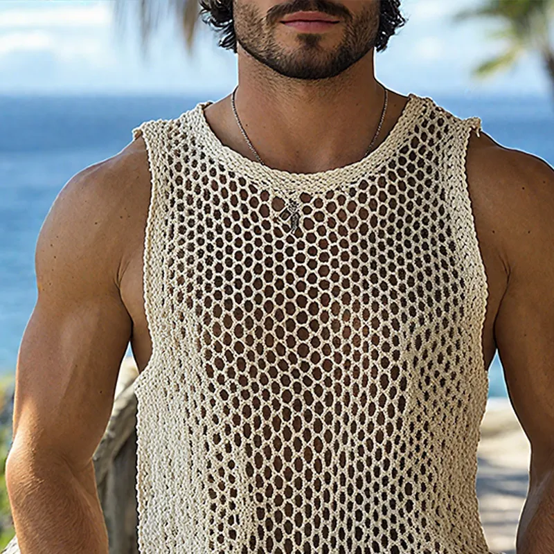 Men's Hollow Out Knit Round Neck Sleeveless Tassel Tank Top MTA0211G1Z sold by Manly product image thumbnail 3